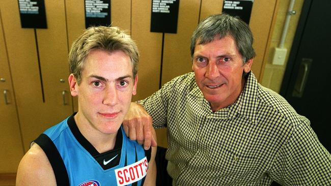 Brett Ebert with legendary father Russell in 2002 after he was drafted.