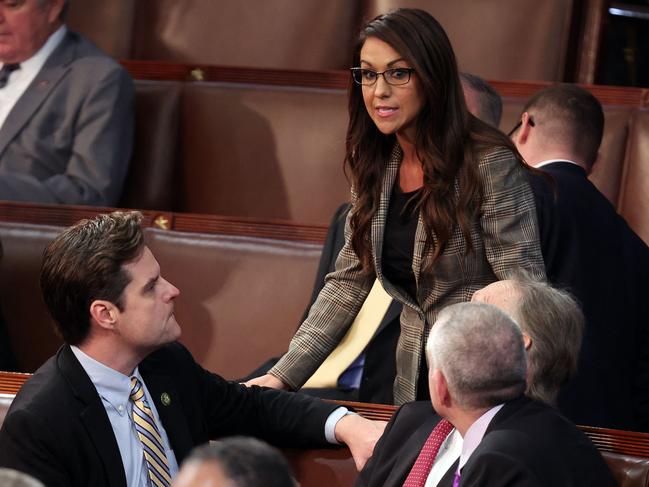 WASHINGTON, DC - JANUARY 05: U.S. Rep.-elect Lauren Boebert (R-CO) talks to Rep.-elect Matt Gaetz (R-FL) (L) in the House Chamber during the third day of elections for Speaker of the House at the U.S. Capitol Building on January 05, 2023 in Washington, DC. The House of Representatives is meeting to vote for the next Speaker after House Republican Leader Kevin McCarthy (R-CA) failed to earn more than 218 votes on several ballots, the first time in 100 years that the Speaker was not elected on the first ballot.   Win McNamee/Getty Images/AFP (Photo by WIN MCNAMEE / GETTY IMAGES NORTH AMERICA / Getty Images via AFP)