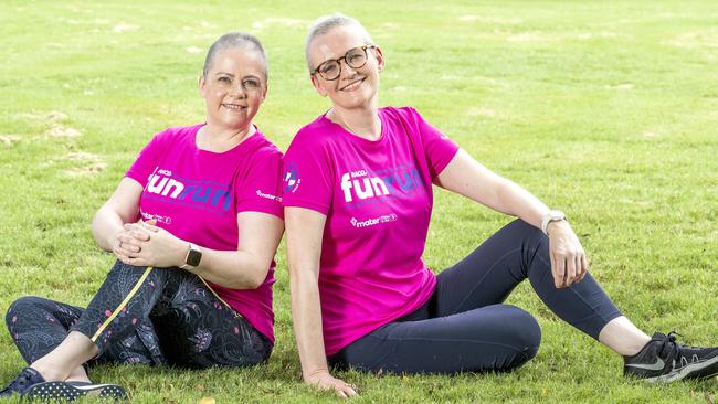 Sisters Aisling and Margaret Cunningham are participating in the 2021 Mater Chicks in Pink Fun Run. Picture: Richard Walker