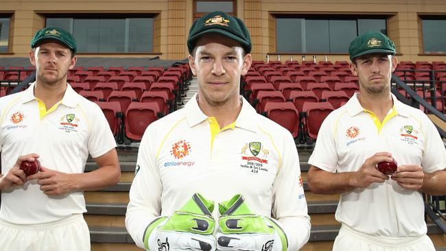 ADELAIDE, AUSTRALIA - DECEMBER 04: Australian Captain Tim Paine (C) poses with Australian Vice Captains Josh Hazlewood (L) and Mitch Marsh (R) during an Australian Test Team Leadership Portrait Session at Adelaide Oval on December 04, 2018 in Adelaide, Australia. (Photo by Ryan Pierse/Getty Images)