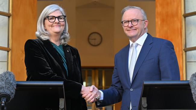 Incoming governor-general Sam Mostyn and Anthony Albanese in Canberra on Wednesday. Picture: AAP