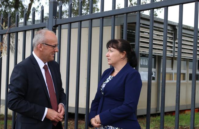 NSW Opposition Leader Luke Foley with Camden Labor candidate Sally Quinnell at Camden South Public School.