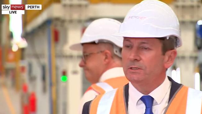 Federal Labor leader Anthony Albanese pictured in Perth this morning at Bellvue Railcar Manufacturing and Assembly Facility with WA premier Mark McGowan, Picture: SKY news