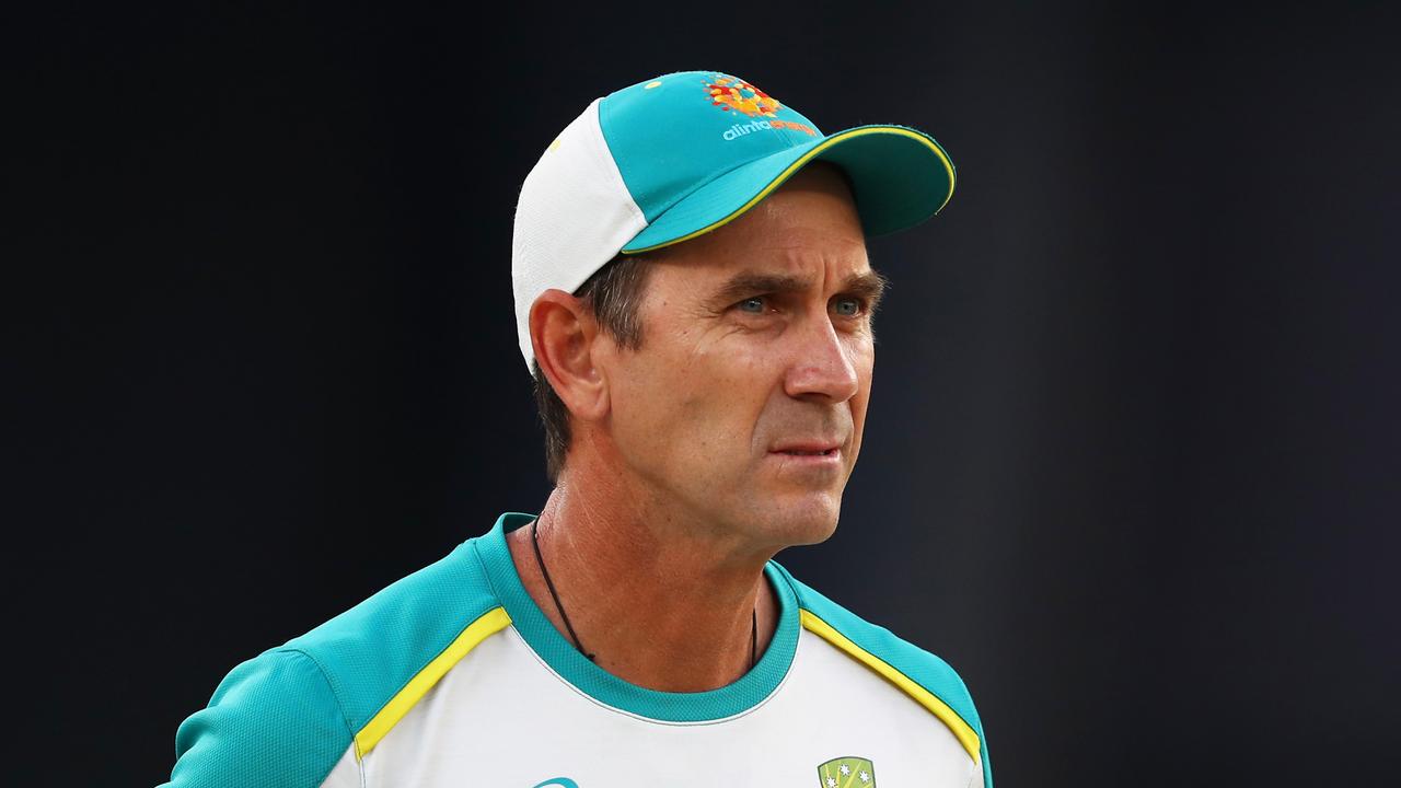 DUBAI, UNITED ARAB EMIRATES - NOVEMBER 14: Australia cricket cricket coach Justin Langer looks on prior to during the ICC Men's T20 World Cup final match between New Zealand and Australia at Dubai International Stadium on November 14, 2021 in Dubai, United Arab Emirates. (Photo by Matthew Lewis-ICC/ICC via Getty Images)