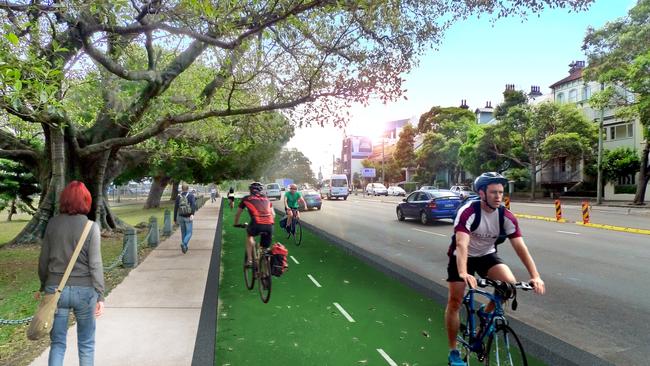 The proposed two-way, separated cycleway along Moore Park Rd. Source: City of Sydney.