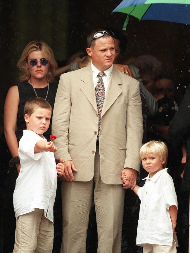 Kevin, Jack (L) and Billy Walters (R) at Kim’s funeral. Picture: Bruce Long