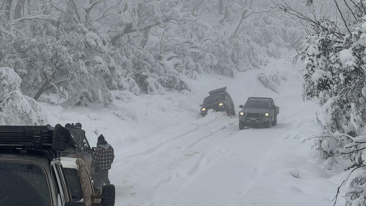 More than 20 people became stuck in their vehicles near Hotham Heights on Saturday night. Picture: Facebook