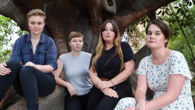 14/11/18: Holly Brooke, Anna Hush, Isadora Poole and Anna Ro at Camperdown in Sydney. Young women are leaving the Greens due to the party's mishandling of sexual misconduct claims. John Feder/The Australian.