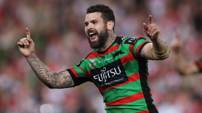 Souths Adam Reynolds celebrates after kicking the winning field goal during the South Sydney v St. George-Illawarra NRL Semi Final at ANZ Stadium, Homebush. Picture: Brett Costello