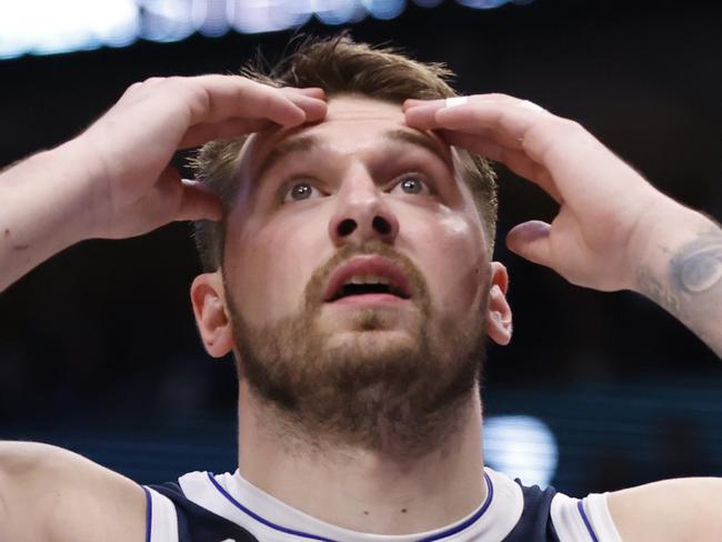 DALLAS, TX - FEBRUARY 26 : Luka Doncic #77 of the Dallas Mavericks reacts late in the game against the Los Angeles Lakers in the second half at American Airlines Center on February 26, 2023 in Dallas, Texas. The Lakers won 111-108. NOTE TO USER: User expressly acknowledges and agrees that, by downloading and or using this photograph, User is consenting to the terms and conditions of the Getty Images License Agreement. (Photo by Ron Jenkins/Getty Images)