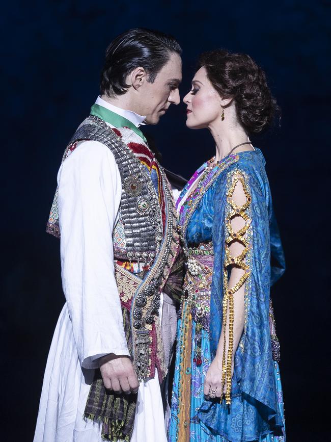 Julie Lea Goodwin, who plays the role of Hanna, with Alexander Lewis as her love interest Danilo Danilovich during dress rehearsals for Opera Australia's production of The Merry Widow at the Sydney Opera House on Saturday. Picture: Brook Mitchell/Getty Images