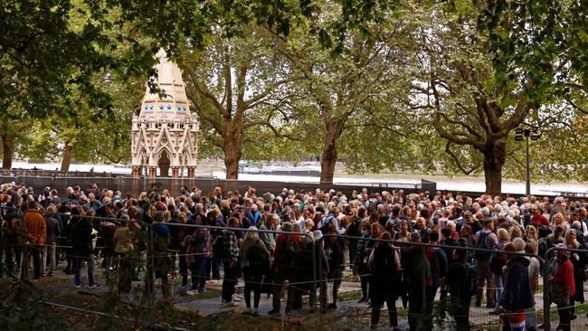 Members of the public stand in the queue in Victoria Tower Gardens as they wait in line to pay their respects to the late Queen Elizabeth II, in London on September 15. Picture: AFP