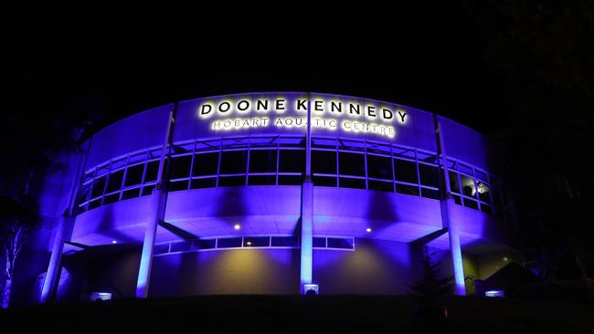 Doone Kennedy Hobart Aquatic Centre lit up in blue. Picture: NIKKI DAVIS-JONES