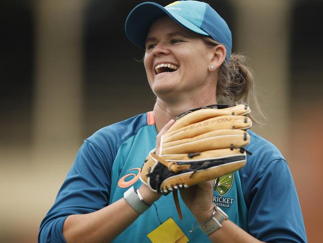 MELBOURNE, AUSTRALIA - OCTOBER 10: Jess Jonassen of Australia reacts during an Australian Womens ODI squad training session at Junction Oval on October 10, 2023 in Melbourne, Australia. (Photo by Daniel Pockett/Getty Images)