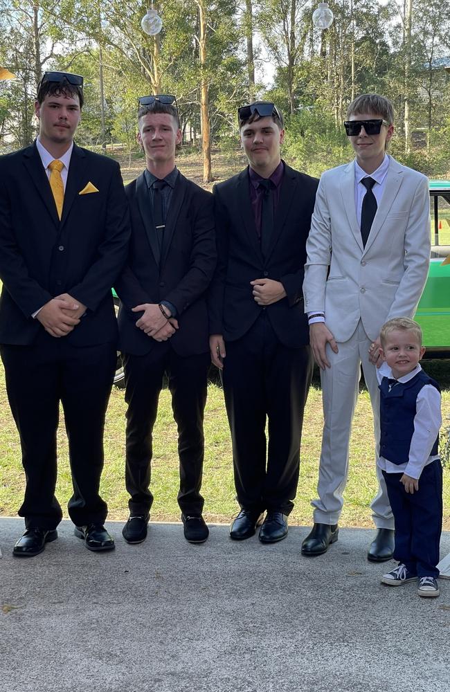 Jeremy McDonell, Dorian Rodighero and Deacan Watts arrive at the 2024 Gympie State High School graduation formal.