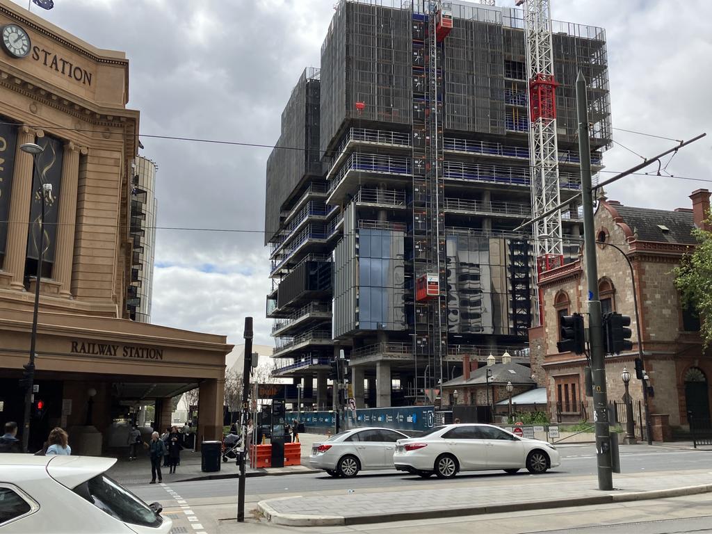 The under-construction Walker Corporation’s Festival Tower, between the Adelaide Railway Station and Parliament House.