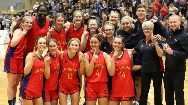 SA Metro girls under-18 team celebrates after winning the national championships for the first time since 1990. Picture: Supplied, Sports In Focus