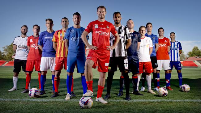 National Premier Leagues SA players, from left, Tyler Bailey (Para Hills), Louis D’Arrigo (Adelaide United), Chris Annicchiarico (Blue Eagles), Michael D’Alosio (MetroStars), Fausto Erba (Olympic), Iain Fyfe (Campbelltown), Marcos Flores (Adelaide City), Sam Carmichael (South Adelaide), Luke Klimek (Croydon), Allan Welsh (Comets), Adam van Dommele (Raiders) and Marcelo Carrusca (West Adelaide). Picture: Naomi Jellicoe