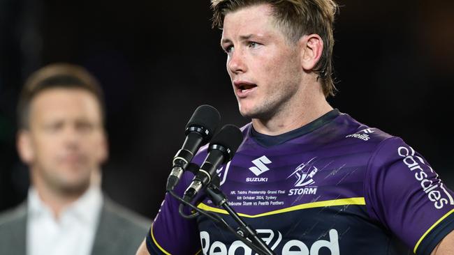 SYDNEY, AUSTRALIA - OCTOBER 06: Harry Grant of the Storm speaks following the 2024 NRL Grand Final match between the Melbourne Storm and the Penrith Panthers at Accor Stadium on October 06, 2024, in Sydney, Australia. (Photo by Quinn Rooney/Getty Images)