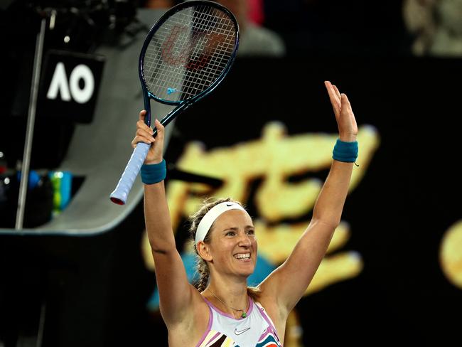 Victoria Azarenka celebrates victory over Jessica Pegula. Picture: David Gray/AFP