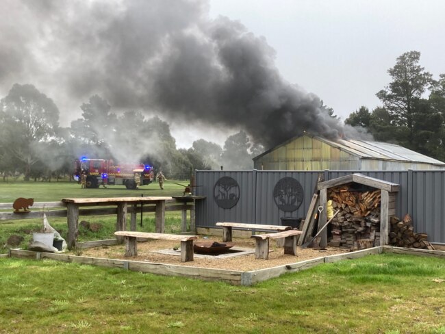 Fire ravages a shed at the Romsey Golf Club, causing thousands of dollars worth of damage. Picture: Romsey Golf Club.