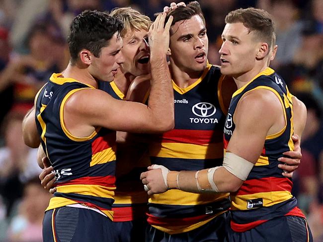 ADELAIDE, AUSTRALIA - MAY 22: Ben Keays of the Crows celebrates a goal during the 2021 AFL Round 10 match between the Adelaide Crows and the Melbourne Demons at Adelaide Oval on May 22, 2021 in Adelaide, Australia. (Photo by James Elsby/AFL Photos via Getty Images)