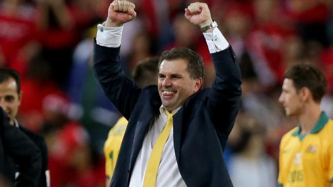 Socceroos coach Ange Postecoglou celebrates after winning the Asian Cup Final against Korea Republic at Stadium Australia , Homebush .Picture Gregg Porteous