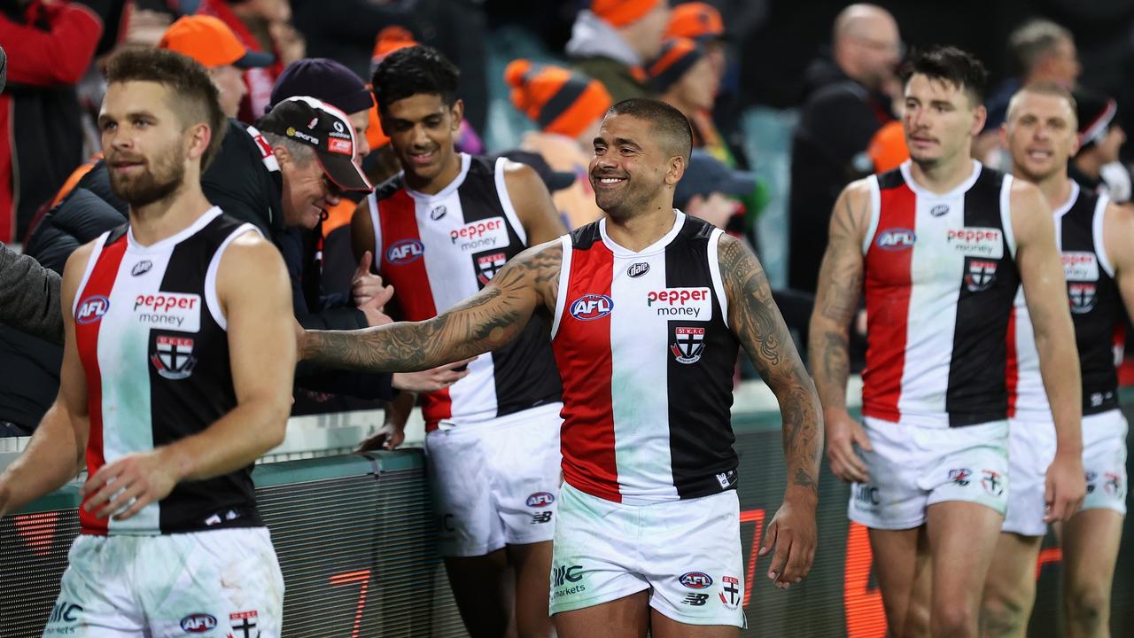 Bradley Hill thanks fans after the Saints made it five wins on the bounce. Picture: Getty Images