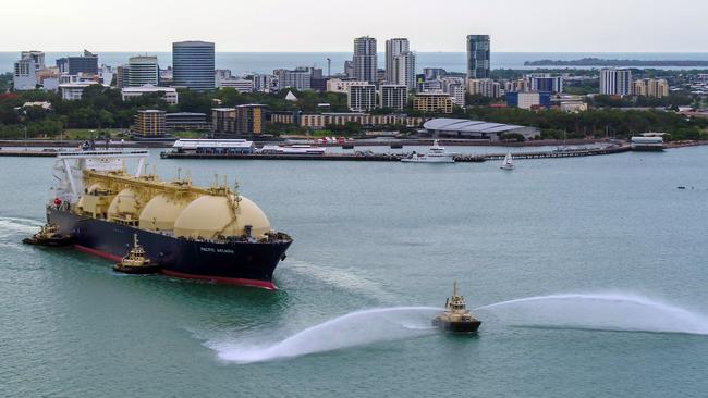 The 100th shipment of liquefied natural gas (LNG) from Inpex in 2019 cuts an imposing sight in Darwin Harbour as it is given a grand welcome and send-off. Picture: Supplied