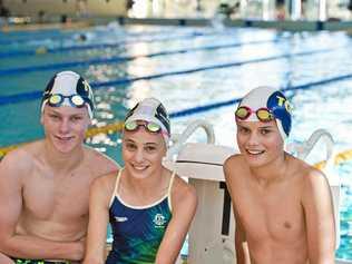 STATE TITLES: Swimmers (from left) Henry Reardon, Hannah Pollock and Hugh Pollock will be part of Toowoomba Grammar Swimming Club's big team heading to the state championships later this month. Picture: Kevin Farmer