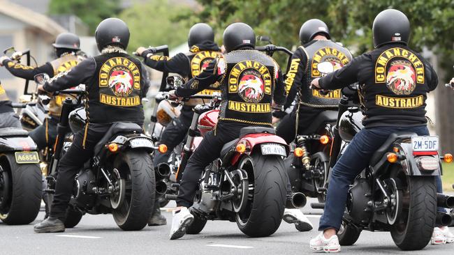 Comanchero bikies on their annual run between Hallam and Truganina. Picture: David Crosling