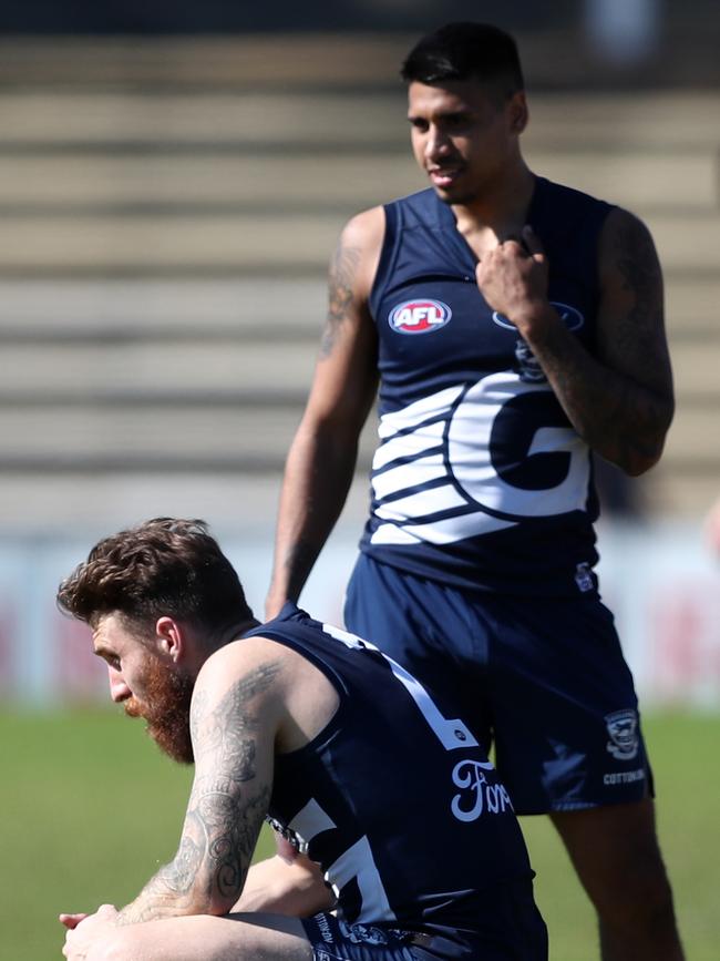 Tim Kelly at Cats training in the west with teammate Zach Tuohy. Pic: AAP