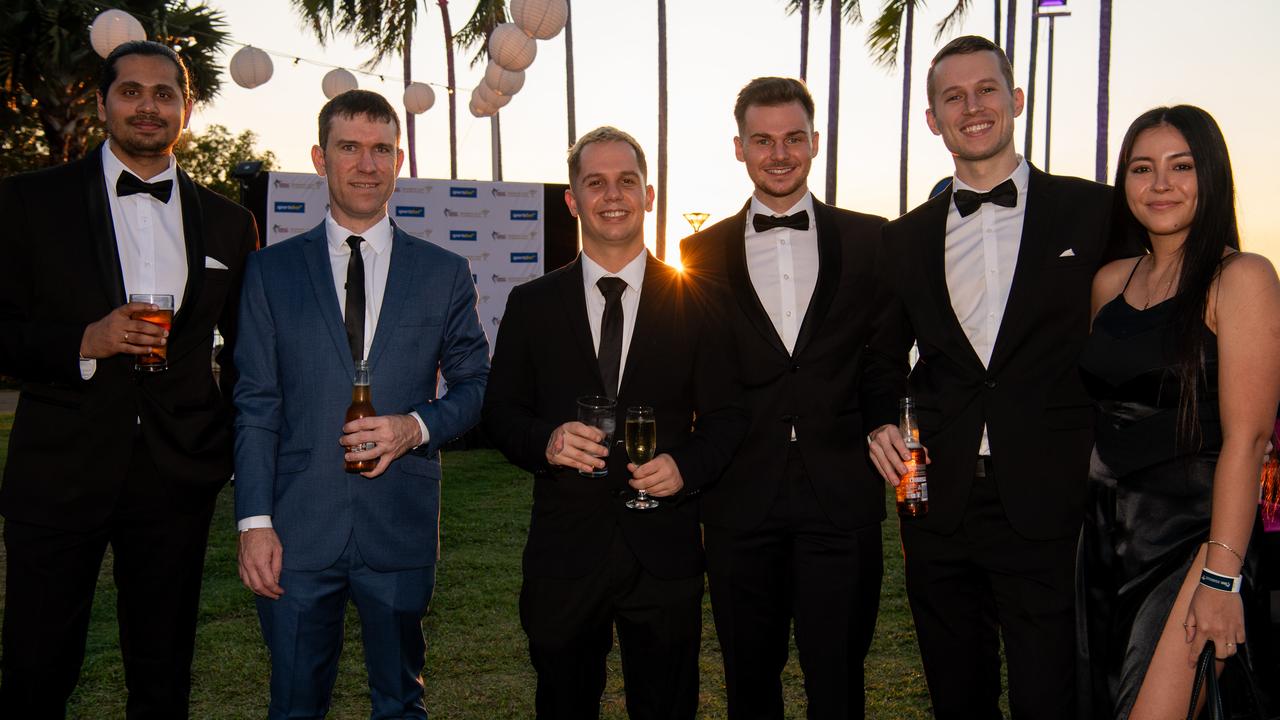 Mihir Upadhye, Michael Marshall, Daniel Yacoel, Andrew Drabsch, Alex Turner and Lydia Pearce at the 2024 Darwin Turf Club Gala Ball. Picture: Pema Tamang Pakhrin