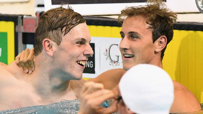 Kyle Chalmers, left, and Cameron McEvoy celebrate after their 100m final swims in Adelaide. Picture: Quinn Rooney/Getty Images