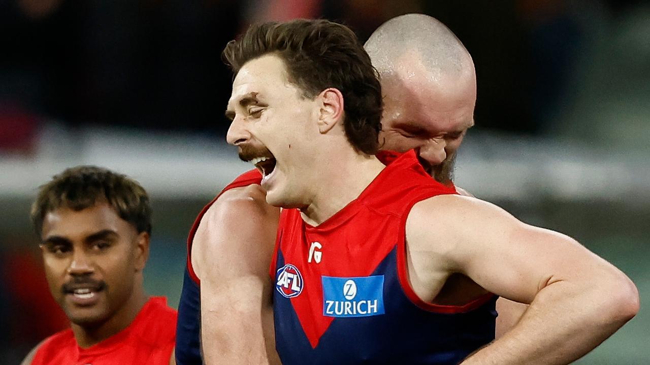 Jake Lever and Max Gawn celebrate the win over Brisbane. Picture: Getty Images