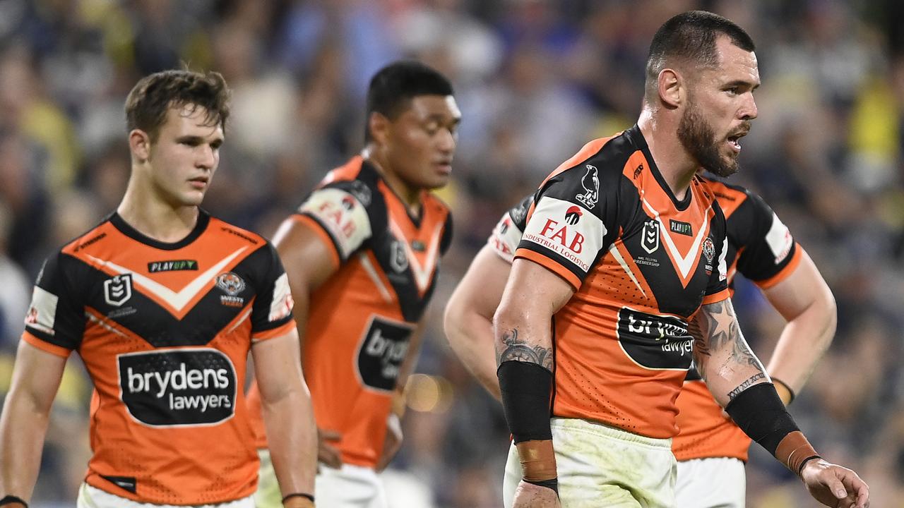 TOWNSVILLE, AUSTRALIA - JULY 01: David Klemmer of the Tigers looks on during the round 18 NRL match between North Queensland Cowboys and Wests Tigers at Qld Country Bank Stadium on July 01, 2023 in Townsville, Australia. (Photo by Ian Hitchcock/Getty Images)