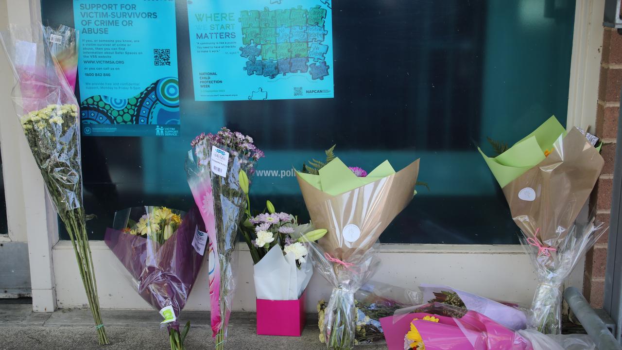 Flowers left in tribute to Jason Doig at Lucindale Police Station. Picture: NCA NewsWire / Dean Martin