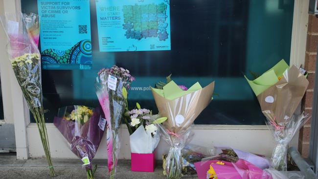 Flowers left in tribute to Jason Doig at Lucindale Police Station. Picture: NCA NewsWire / Dean Martin