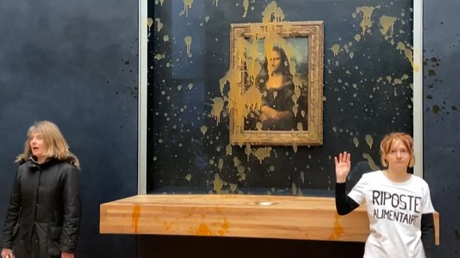 Two protesters on January 38, 2024 hurled soup at the bulletproof glass protecting Leonardo da Vinci's "Mona Lisa" in Paris, demanding the right to "healthy and sustainable food.” Picture: AFP