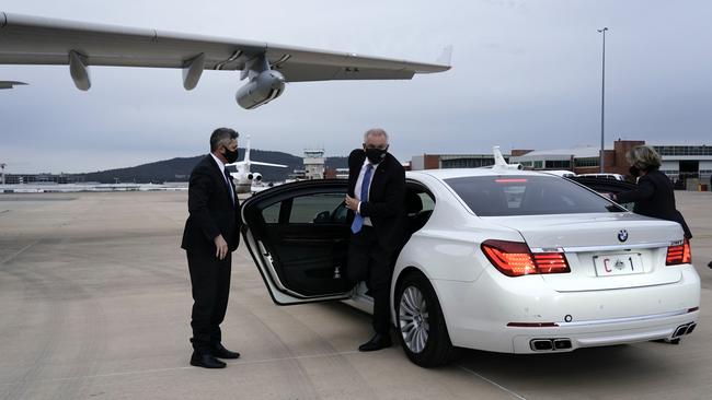 Scott Morrison arrives at Canberra airport on Thursday evening on his way to the G20 in Rome and COP26 in Glasgow. Picture: Adam Taylor