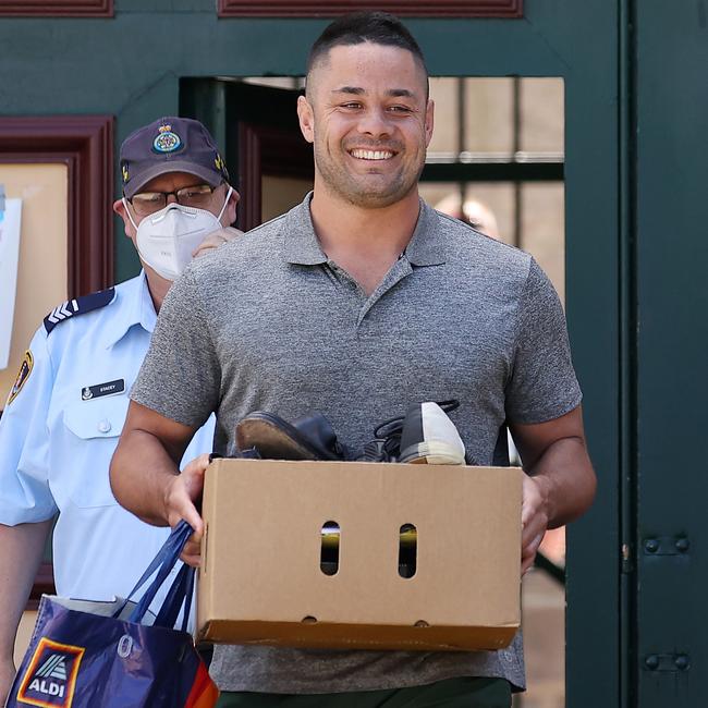 Jarryd Hayne greets friends outside Cooma Correctional Centre on Tuesday. Picture: Gary Ramage