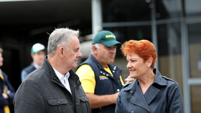 One Nation leader Pauline Hanson and Mark Latham during better days before the NSW senator lost his role as state leader. Picture: NCA NewsWire / Peter Lorimer.