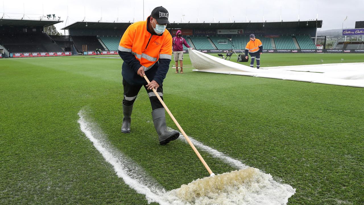 Ground staff at Invermay Park and UTAS Stadium were hard at work on Saturday morning. (Photo by Sarah Reed/Getty Images)