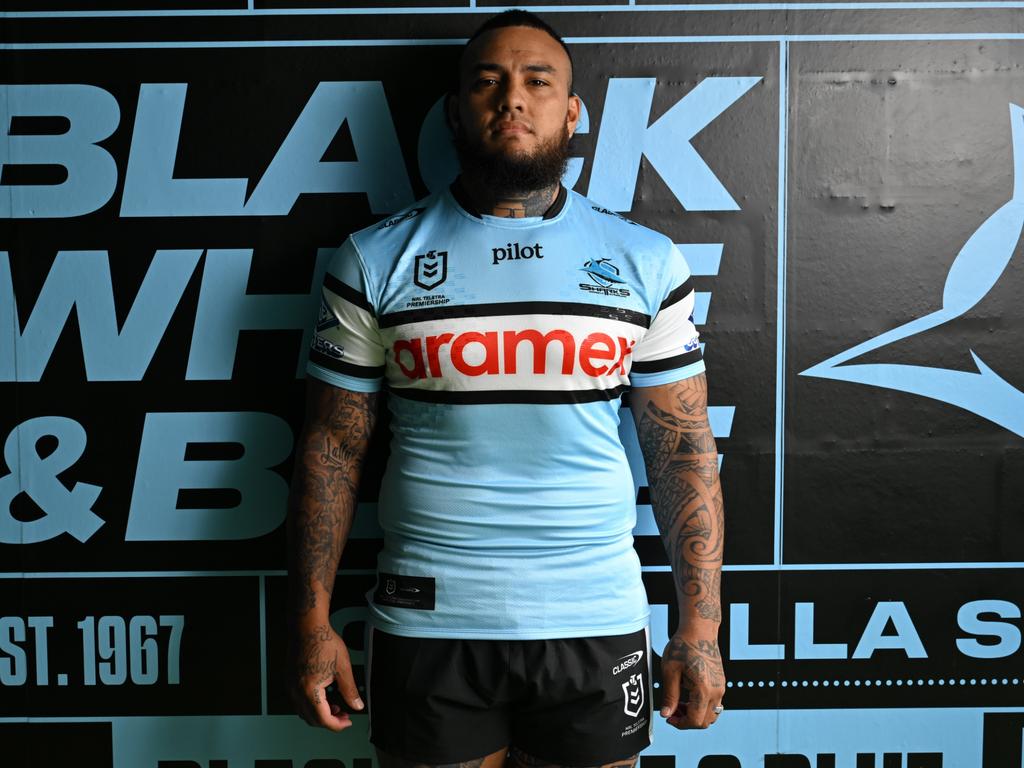 Addin Fonua-Blake wearing the Sharks colours for the first time. Credit: Supplied.