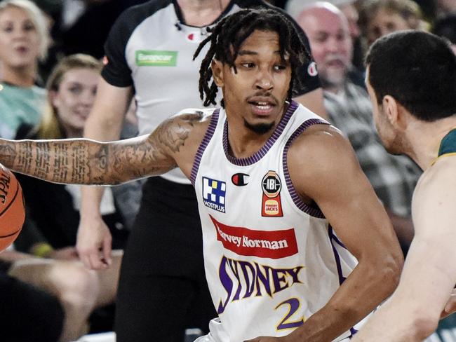 LAUNCESTON, AUSTRALIA - OCTOBER 18: Jaylen Adams of the Kings dribbles during the round five NBL match between Tasmania Jackjumpers and Sydney Kings at Silverdome, on October 18, 2024, in Launceston, Australia. (Photo by Simon Sturzaker/Getty Images)