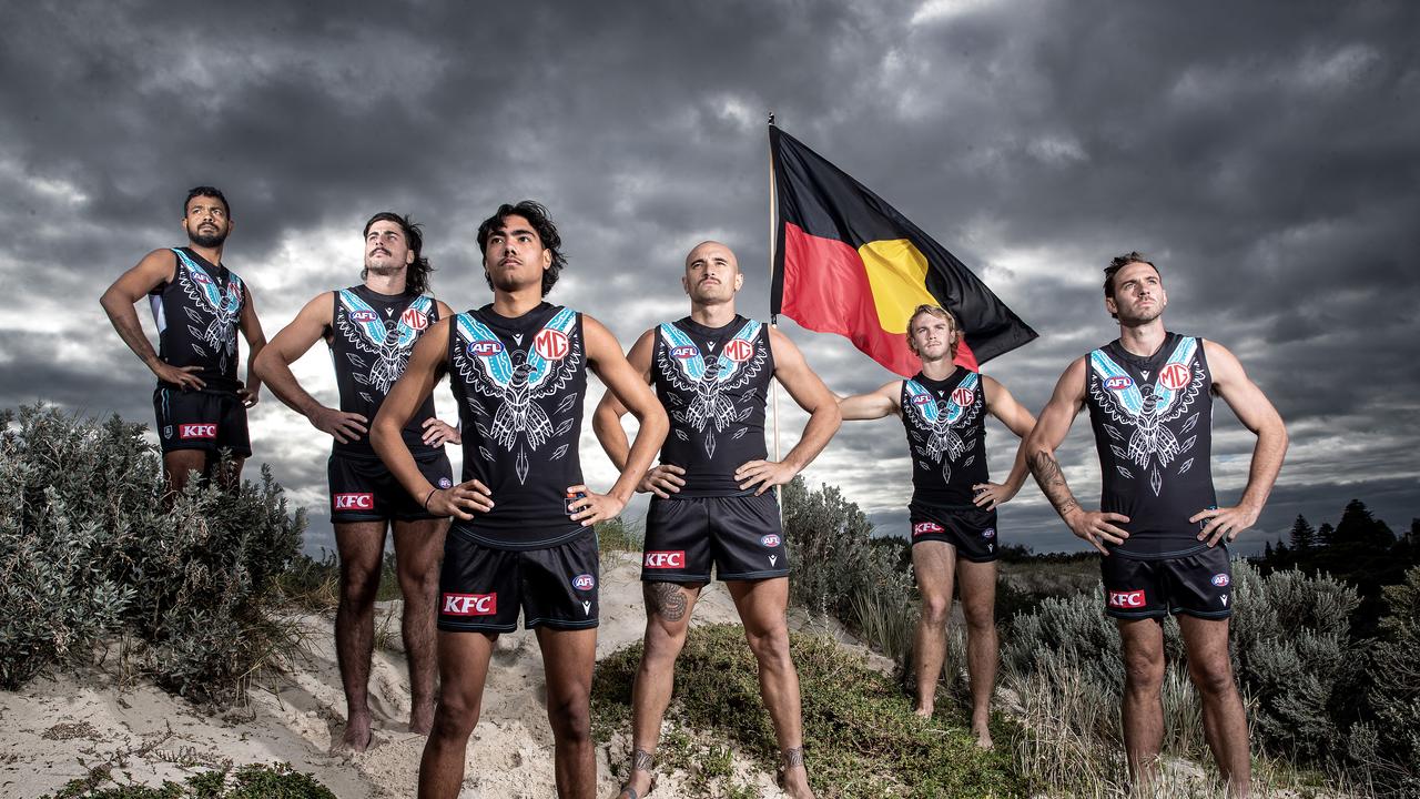 Port Adelaide Indigenous jumper. designed by Peter Burgoyne. Picture: Supplied