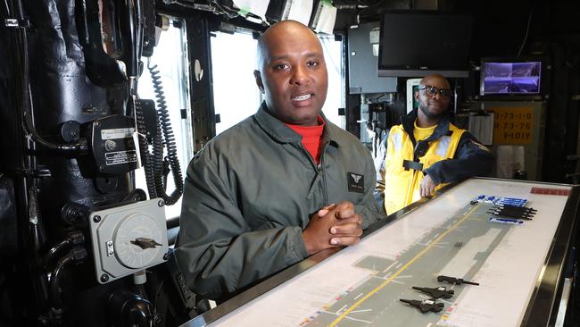 Lt Durante Cousins and “Nacho” (in yellow) on the ship. Picture: Liam Kidston