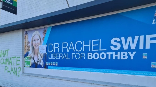 The Boothby campaign office of Liberal candidate Rachel Swift was pictured with graffiti on Saturday. Picture: Supplied