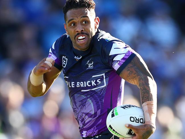 SYDNEY, AUSTRALIA - MAY 26: Josh Addo-Carr of the Storm makes a break during the round 11 NRL match between the Canterbury Bulldogs and the Melbourne Storm at Belmore Sports Ground on May 26, 2019 in Sydney, Australia. (Photo by Cameron Spencer/Getty Images)