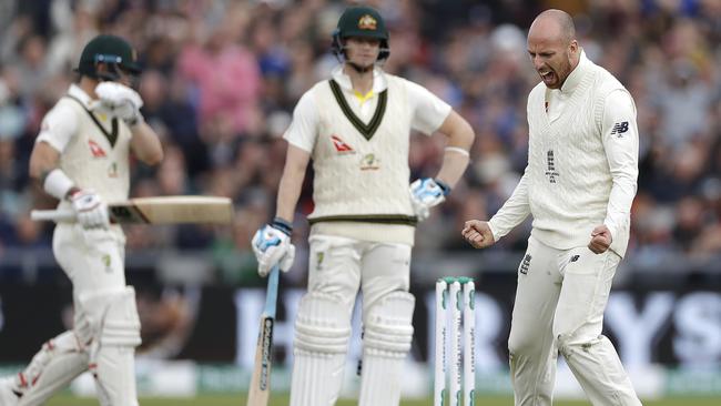 Jack Leach removes Matthew Wade after an ill-advised slog on day two. Picture: Getty